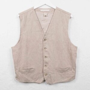 VTG Y2K Linen‎ Blend Textured Herringbone Vest Preppy Academia Beige Mens Sz L